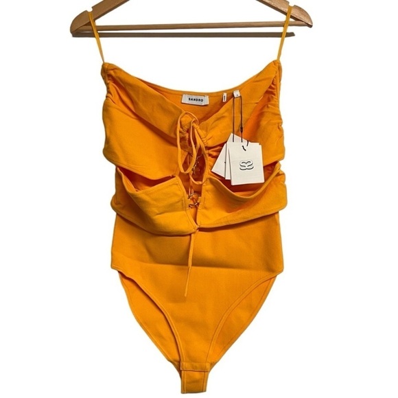NWT Sandro Bodysuit Assiya Ring Halter Open Back in Marigold - Picture 9 of 16